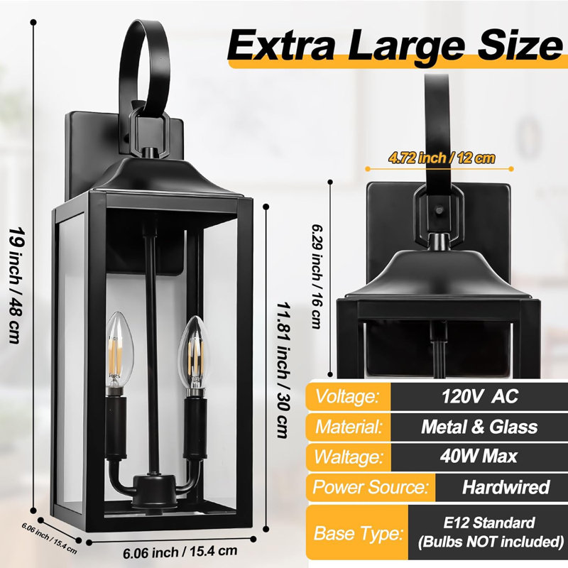 19" Large Outdoor Wall Light - Black Outside Wall Mounted Light Fixture