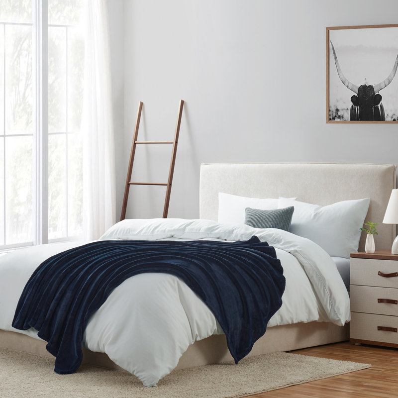 Navy Blue Plush Polyester Machine Washable Throw Blanket