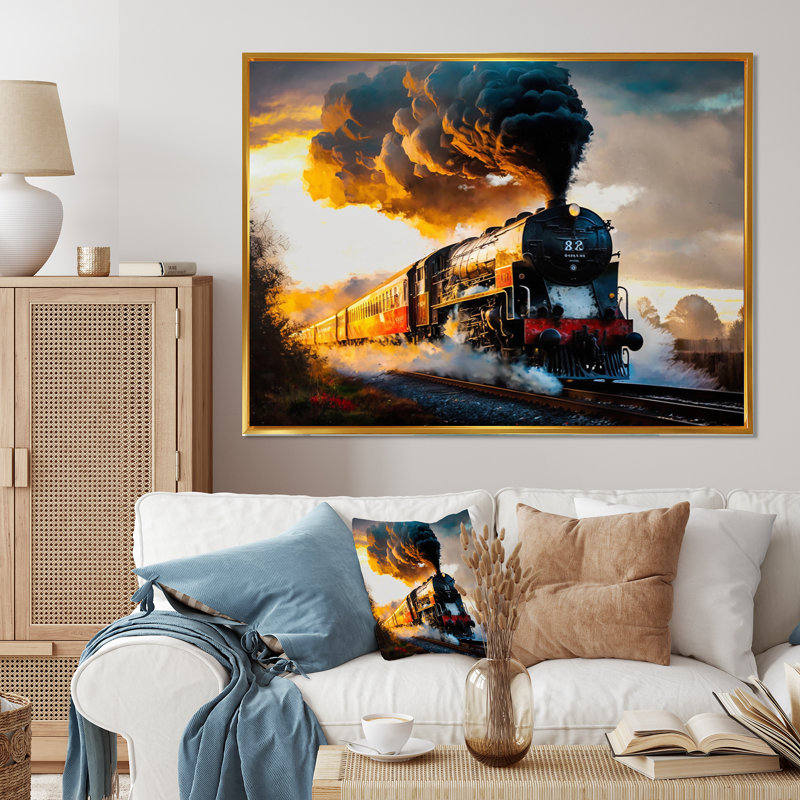 Train en mouvement II - train de transport, impressions sur toile, H 12 po x l 20 po, Cadre flottant doré