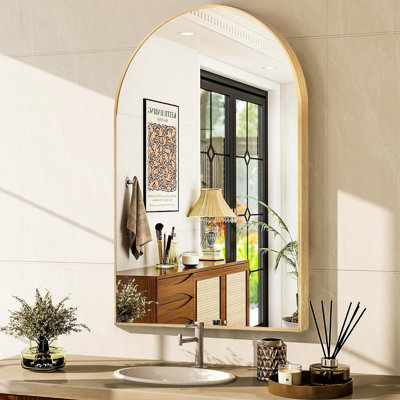 Arched Bathroom Mirror, Brushed Aluminum Alloy Frame Wall Mounted Vanity Mirror For Bedroom, Living Room, Hanging Or Leaning