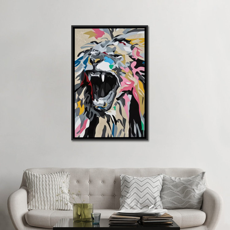 « rugissant lion », impression sur toile, H 26 po x l 18 po x P 1,5 po, Toile avec cadre noir, Pas de tapis