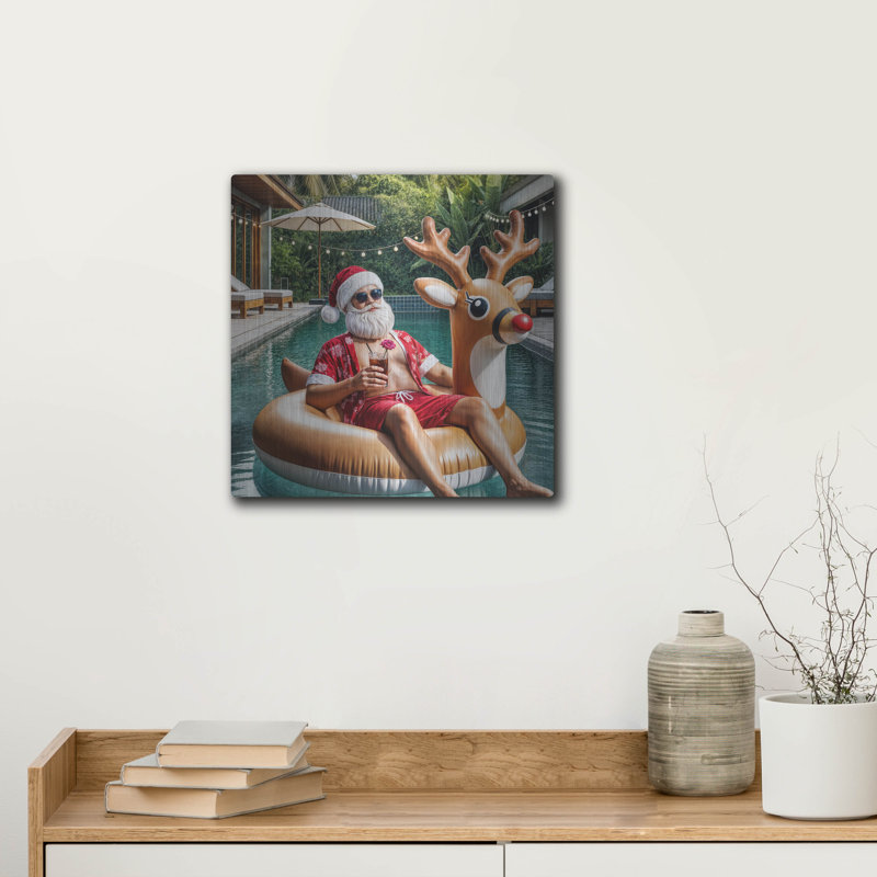 «Santa On Holiday» par Rey Klimt, art mural en métal, H 12 po x l 12 po