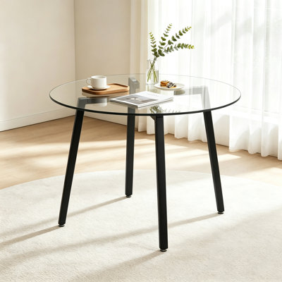 Table de salle à manger ronde moderne en verre de 107 cm (42 po), dessus en verre trempé transparent et pieds en métal noir, table minimaliste pour la salle à manger et la cuisine.