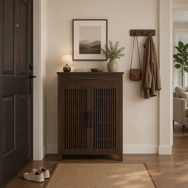 Armoire à chaussures rétro avec tablettes réglables et tiroir pour le rangement organisé du vestibule, Noyer foncé