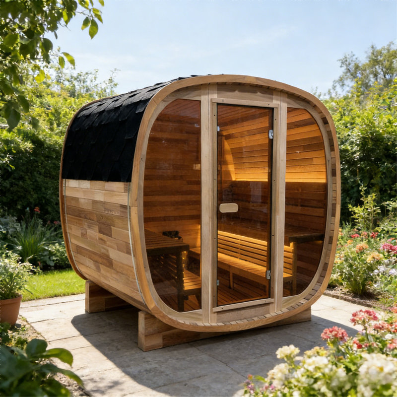 4-6 Person Outdoor Square Traditional Steam Sauna, Tinted Glass And Red Cedar Solid Wood