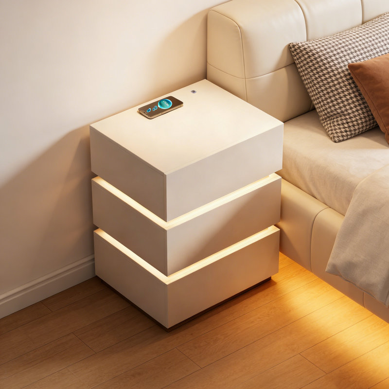 3-Drawer Smart Nightstand with LED  Light, White