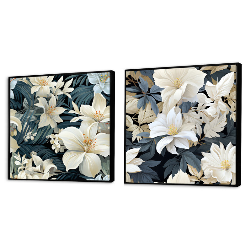 Aymen - Ensemble de 2 collages carrés floraux, Cadre flottant noir, H 16 po x l 33 po