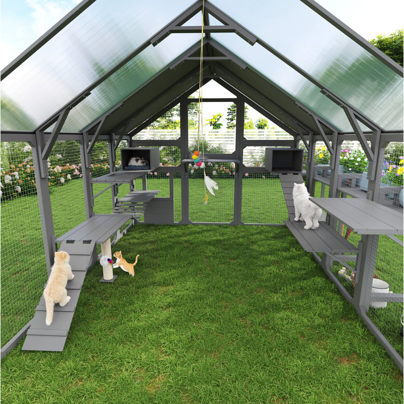 Grande maison pour chat d'extérieur avec support à fleurs, enclos à chat en bois avec boîtes de repos pour plusieurs chatons, pont suspendu, plateformes, cage Catio avec housse imperméable, gris