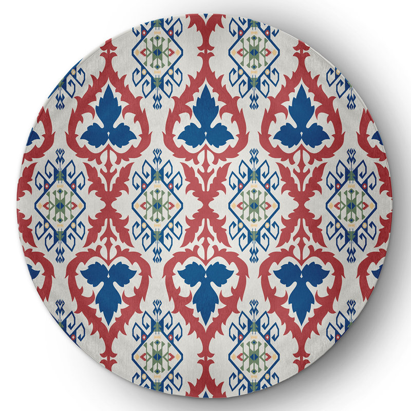 Tapis tissé à la machine en chenille bleu / rouge Melchior Ikat, Rond 5 pi