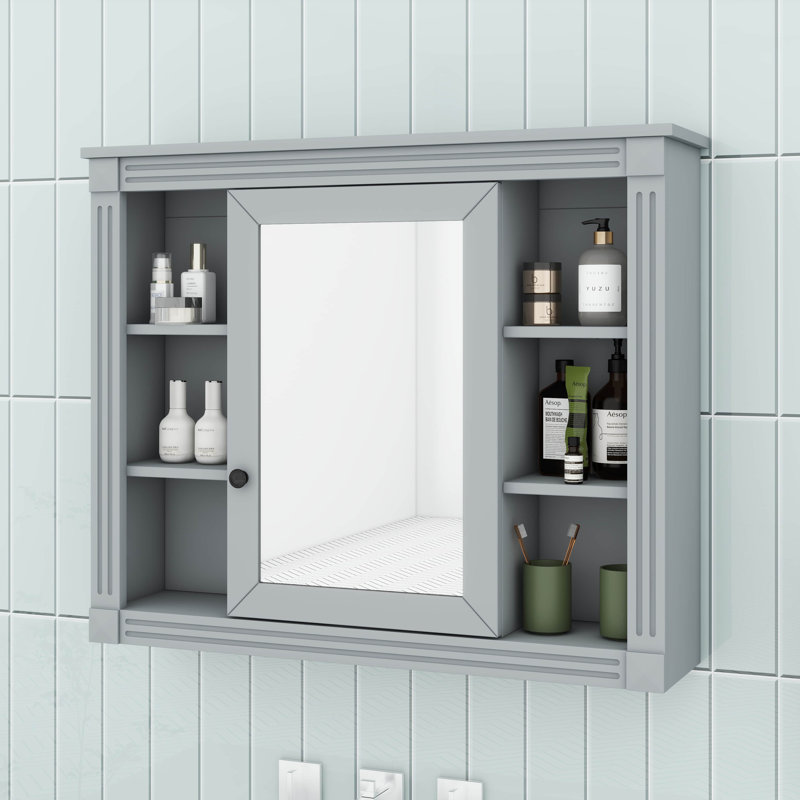 Armoire de rangement murale 35 po x 28 po, armoire de salle de bain moderne en bois avec miroir, armoire de rangement avec 6 tablettes ouvertes