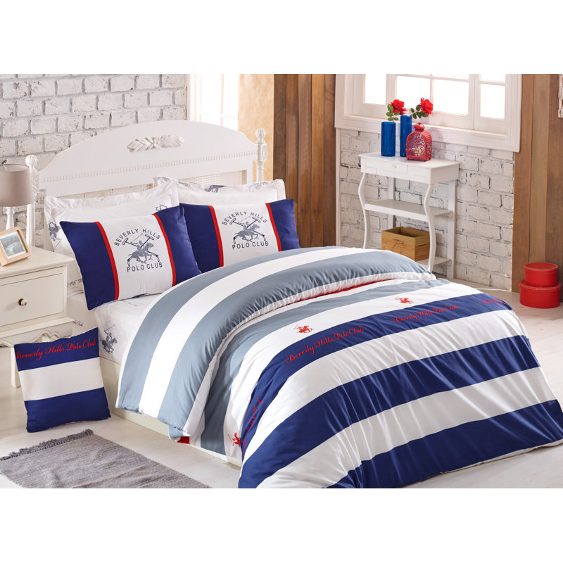 Ensemble de housse de couette 100% coton bleu foncé / blanc, Housse de couette simple + 1 taie d'oreiller 24 po