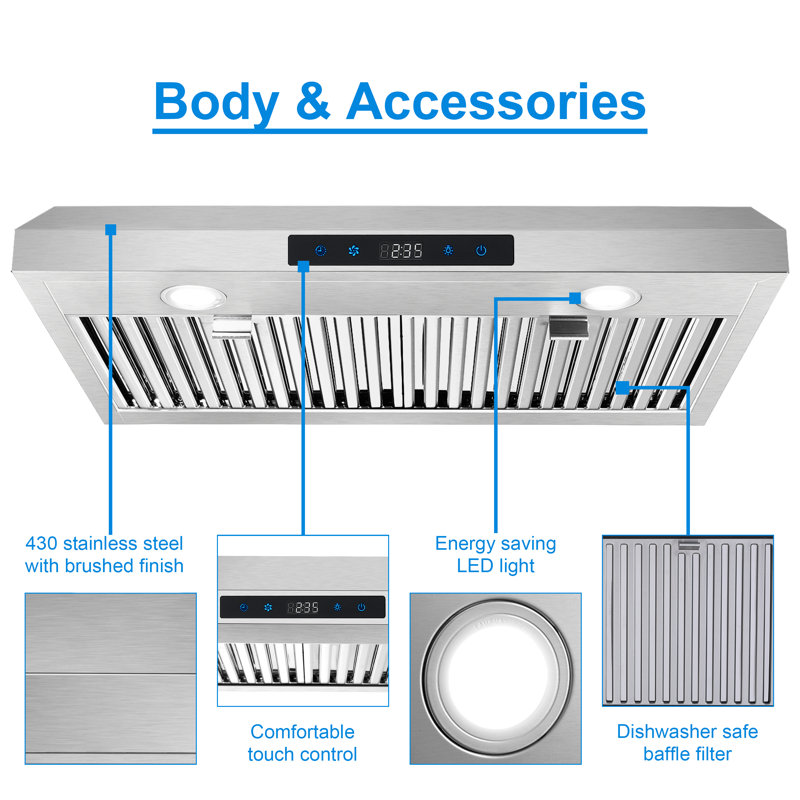 SNDOAS 30" Stainless Steel 500 CFM Ductless (Non-Vented) Under Cabinet Range Hood with Baffle Filter