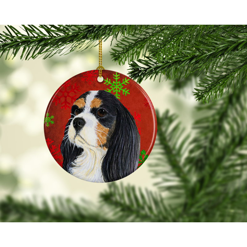 Ornement figurine suspendu en céramique de noël flocon de neige cavalier épagneul