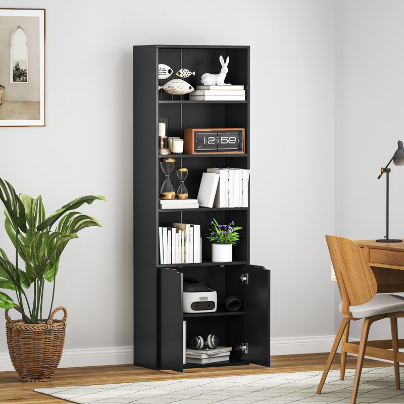 Bibliothèque de bureau à 4 niveaux avec porte ouverte, noir