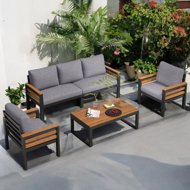 Ensemble de conversation de patio 4 pièces avec coussins, Gris