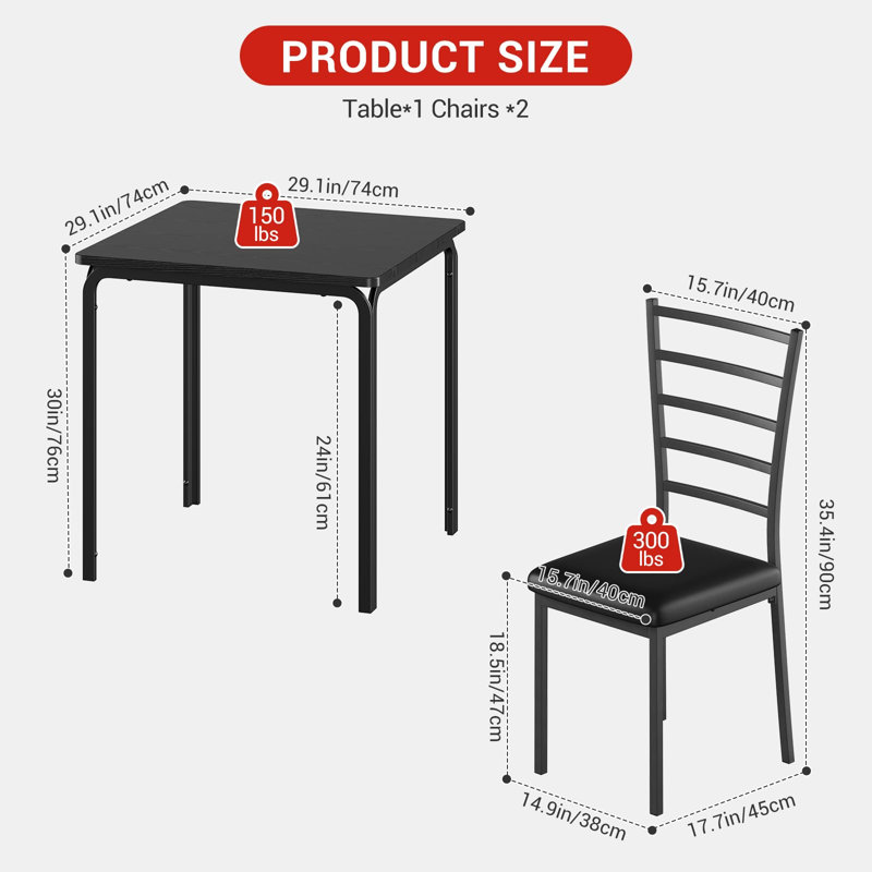 Ensemble de salle à manger à hauteur de comptoir 3 pièces pour 2 personnes, table à grain en bois noir avec support à vin intégré, tabourets ergonomiques rembourrés, capacité de 300 lb par siège, peu encombrant pour petit coin-repas