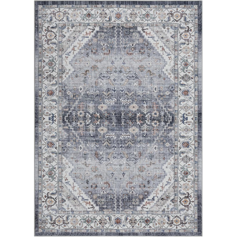 Machine Washable Ft Vintage Floral Printed Runner Rug, Non-Slip for Hallway, Entryway, Kitchen (Gray), Rectangle 5' x 7'