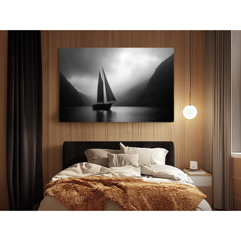 Voilier noir et blanc sur toile de haute qualité - décoration murale fabriquée à la main - art élégant - cadeau - reproduction murale, reproduction de peinture