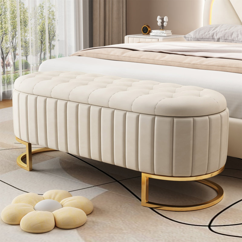 Upholstered Velvet Storage Ottoman With Button-Tufted,Storage Bench With Metal Legs, Beige