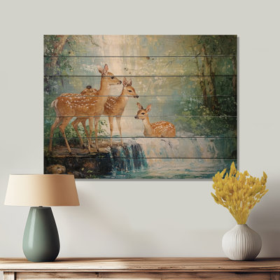 «Deer Family By A Waterfall II», impression sur bois brun moderne sur bois de pin naturel