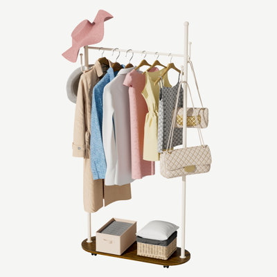 Modern Cactus-Shaped Freestanding Metal Garment, Clothes Rack with Rolling Wood Shelf, Multifunctional Organizer（Black）