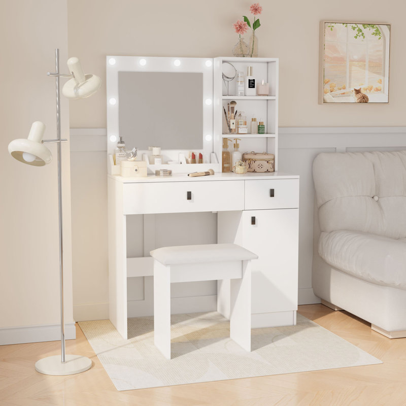 Vanity Desk Set With 3 Lights Brightness Adjustable, Mirror, Makeup Vanity Desk With Large Drawers & Three Level Storage Dreeser