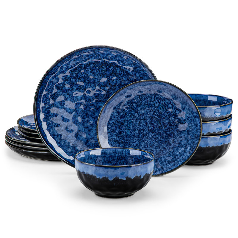 12 Pieces Dinnerware Set, Dinner Plate, Dessert Plate And Bowl Set For 4 Person, Ceramic Dinnerware, Blue