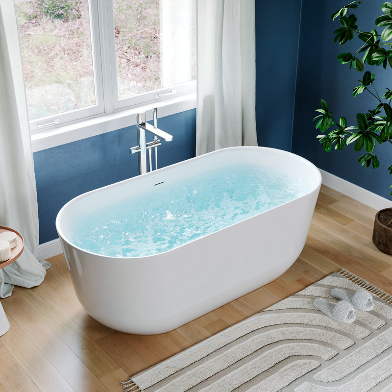 Modern Acrylic Freestanding Bathtub - Glossy White Soaking Tub with Pre-Drilled Drain and Overflow, 22" H x 28.3" W x 59" D