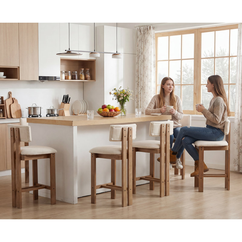 Modern Upholstered Bar Stool with Solid Wood Frame Counter Stools For Dining Room/Bar/Living Room/Kitchen, Beige