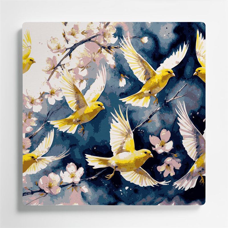 Oiseaux, art mural beige et canari, H 96 po x l 96 po x P 0,05 po