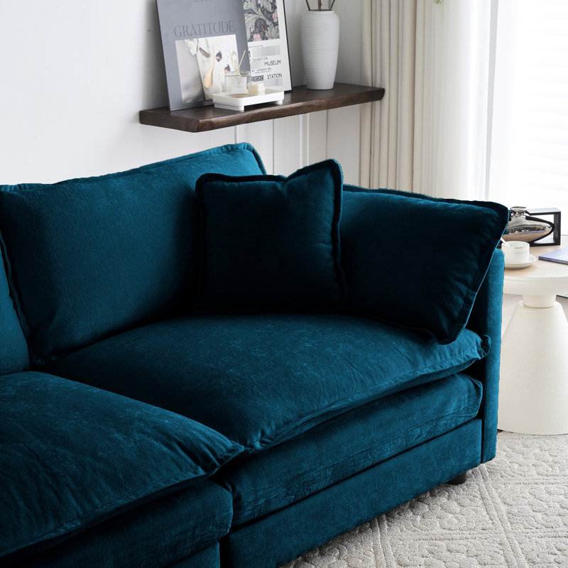 Chenille bleue 3 pièces - Élégance du salon, coussins et coussins rembourrés en bois massif, sièges somptueux, 2 fauteuils 2, construction, revêtement, rembourrage en éponge douce, pour