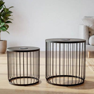 Ensemble de 2 tables d'appoint gigognes à énergie solaire - Tables de bout rondes en métal noir mat avec lumières DEL pour patio et jardin
