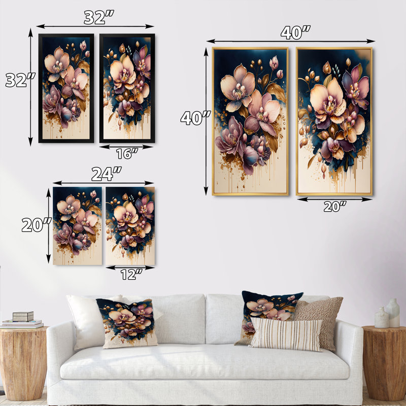 «Bourgogne et orchidée bleue», 2 pièces sur toile, Cadre noir, H 20 po x l 24 po