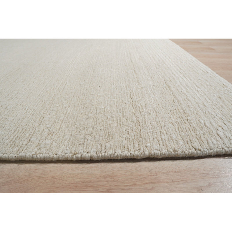 Ivory Hand-Knotted Wool Subtle Textured Weave Geometric Modern Contemporary Carpet Rug, 8' x 10'