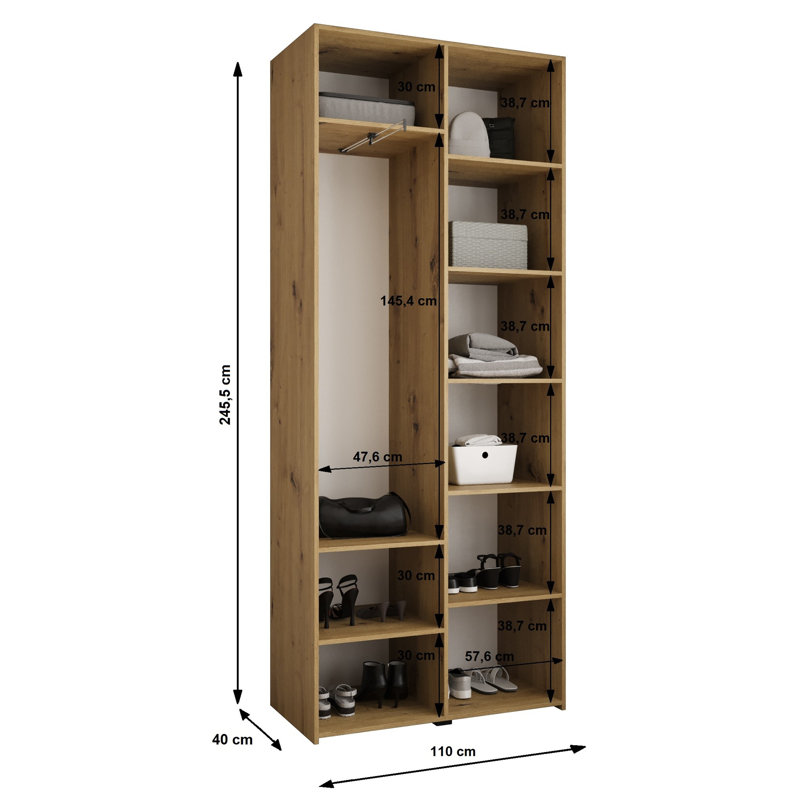2 Door Manufactured Wood Wardrobe, White Matt/Black Hanlde, 245cm H x 110cm W x 40cm D