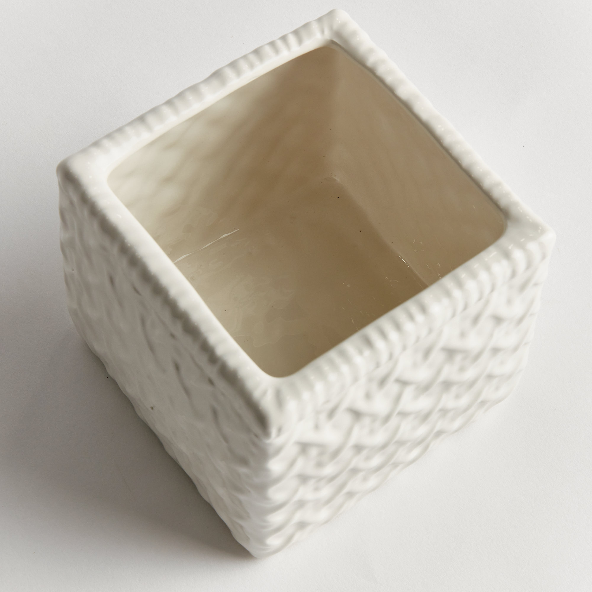 Canetage White Square Cane-Weave Pattern Ceramic Cachepot Small