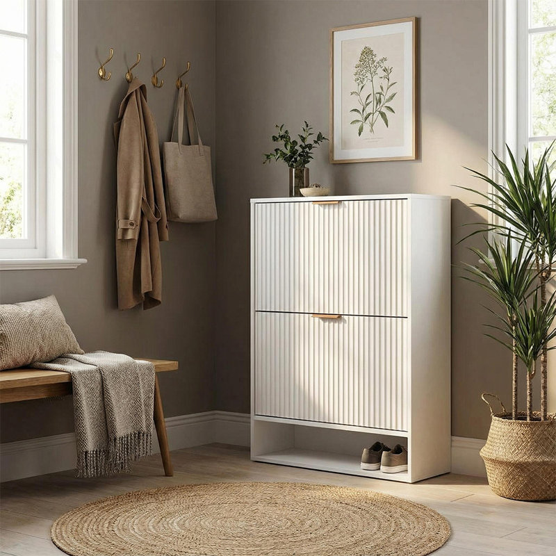 Fluted Shoe Cabinet for Entryway, Narrow Freestanding Shoe Storage with 2 Flip Drawers, Bottom Open Shelf and Side Hooks for Foyer or Hallway