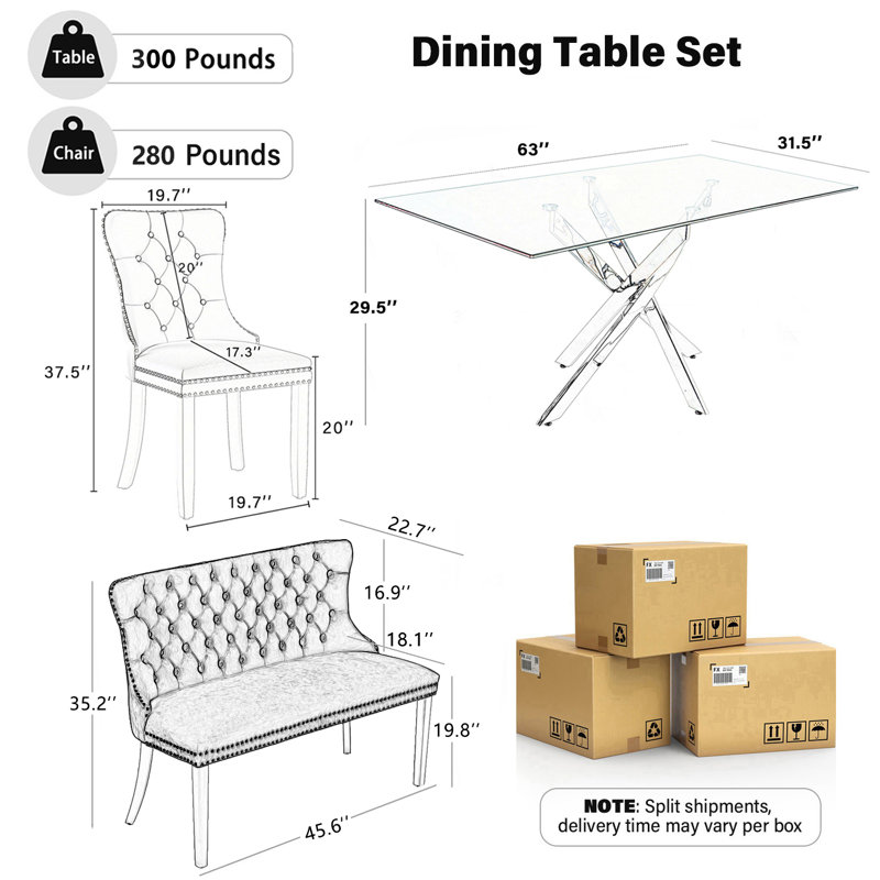 Luxury Dining Set with Hand-Tufted Velvet Bench & Chairs, 8mm Tempered Glass Table, Modern Furniture for Dining Area