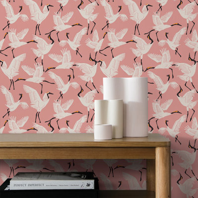  Family of Cranes by The Novogratz Peel and Stick Wallpaper Dusty Rose