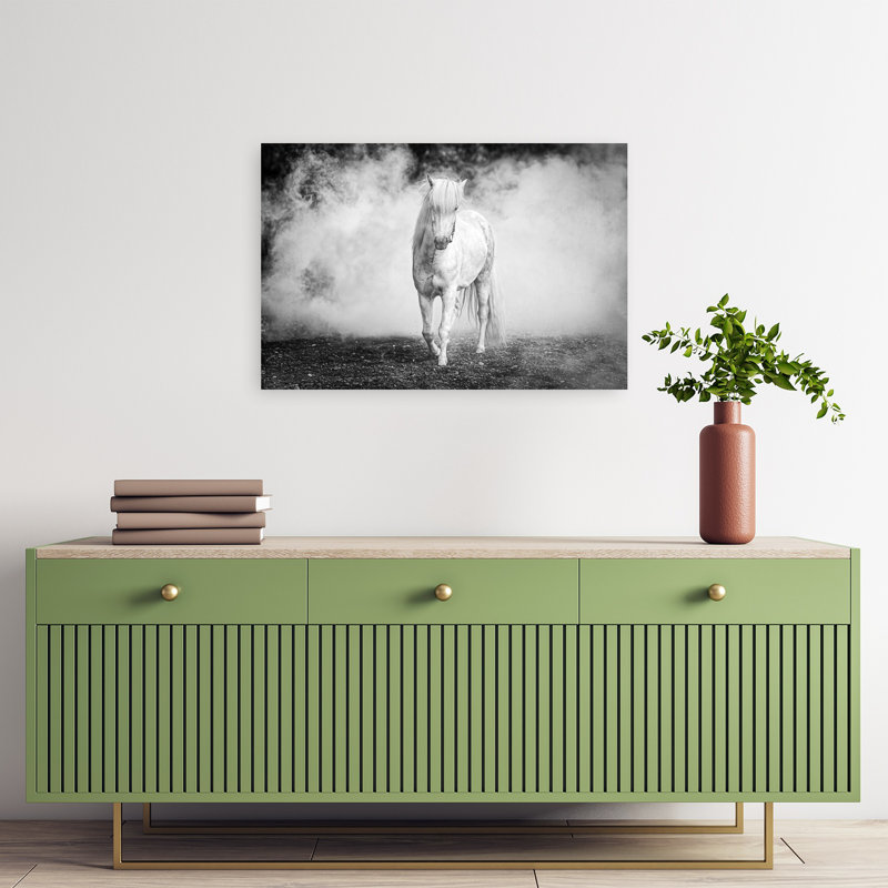 «Ethereal Horse In Mist Dramatic Elegant Horse Éthéré Nature», art mural, 16" H x 24" W