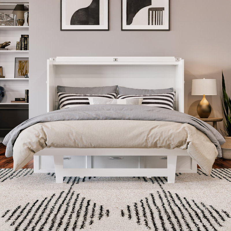 Andriena Murphy Bed Chest with 6" Mattress, Storage & Built-in Charger, Full, Gray