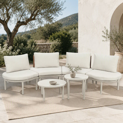 TOPMAX 6-Piece Patio Sofa Furniture Set, Half Moon Outdoor Sectional Sofa With 2 High-Low Coffee Tables, PE Wicker Rattan, Tempered Glass, 4 Pillows & Cushions, For Backyard, Garden, Poolside,Beige