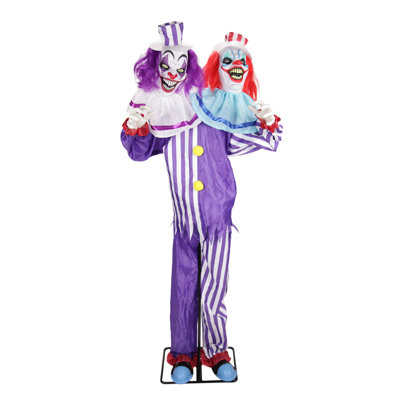 Haunted Hill Farm 5.5 ft Standing Double Headed Animated Clown Halloween Animatronic with Moving Body