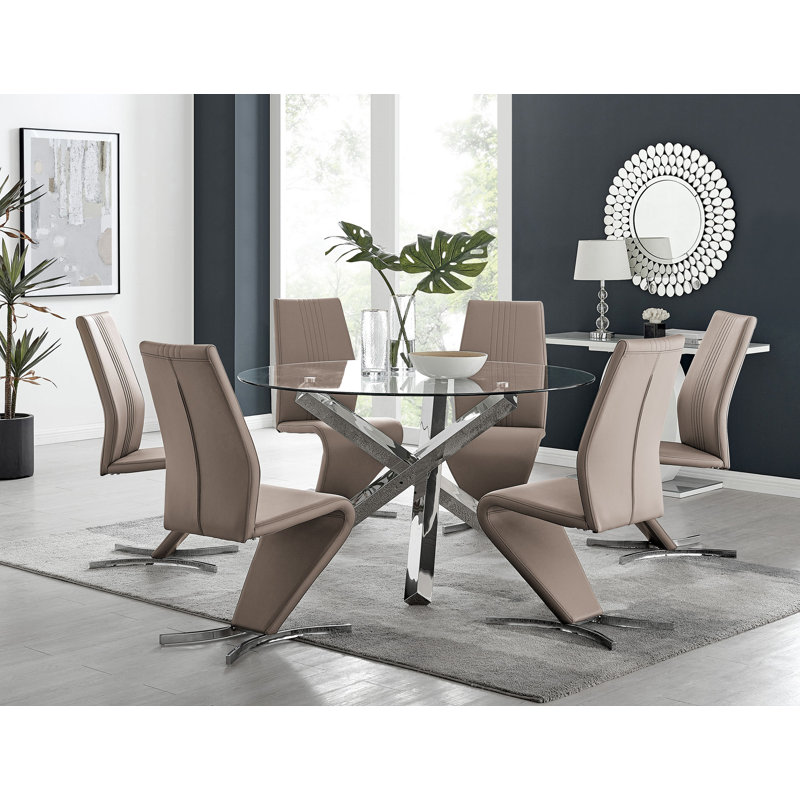 Vogo Modern Design Chrome and Glass Dining Table Set with 6 Modern Design Faux Leather Dining Chairs, Cappuccino