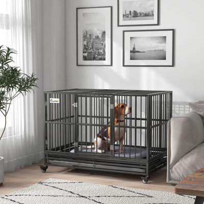Heavy Duty Metal Dog Crate Cage Kennel With Lockable Wheels, Double Door, And Removable Tray, Gray
