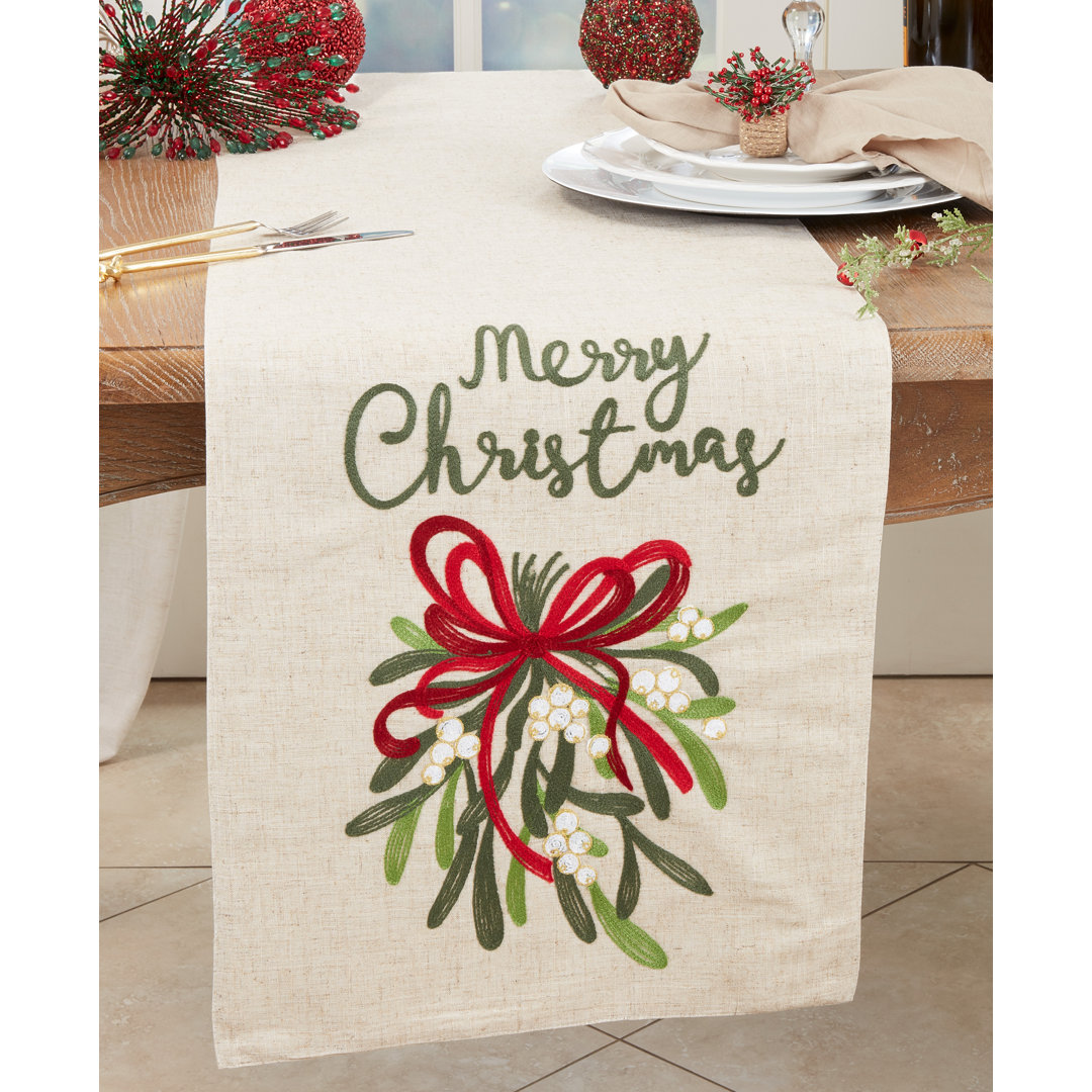 Whimsical Merry Christmas Ribbon Table Runner Saro