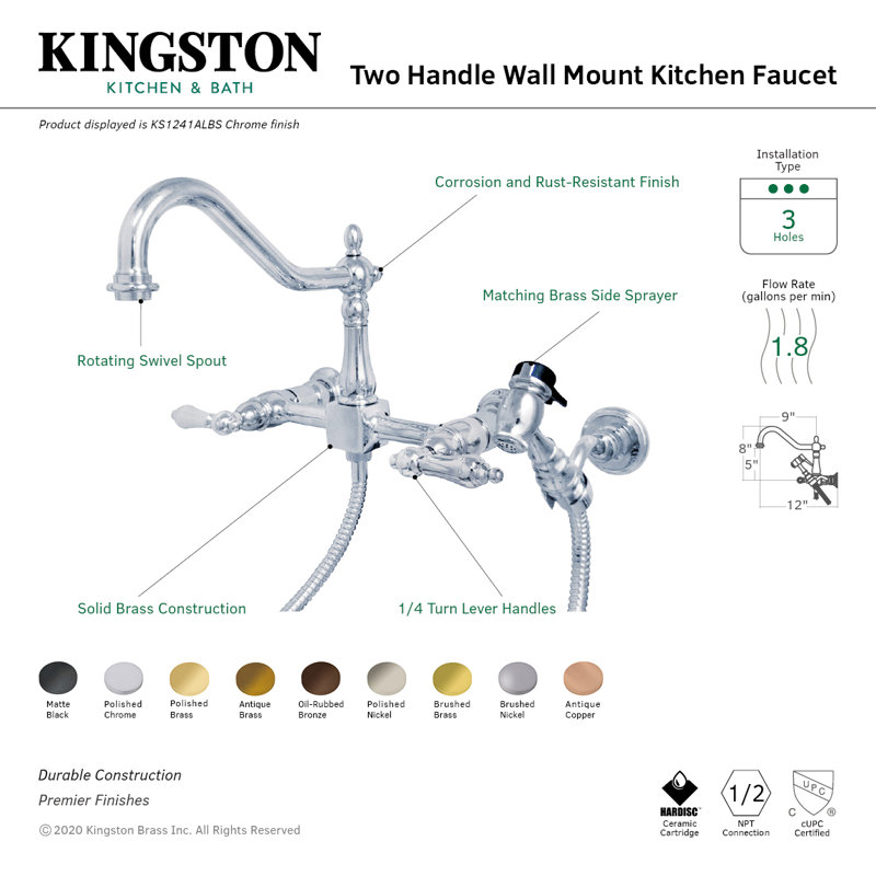 Robinet de cuisine mural à deux poignées Kingston Kingston, Avec douchette latérale, Cuivre antique