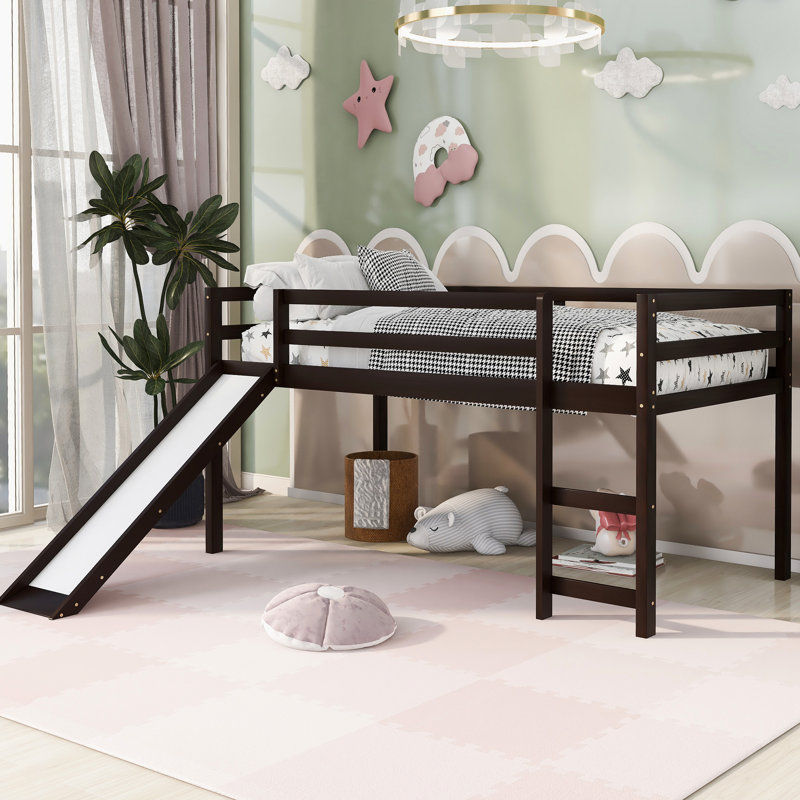 Lit mezzanine simple avec glissade - structure en bois, 14 lattes, sans sommier, 6 ans et plus et construction solide, 6