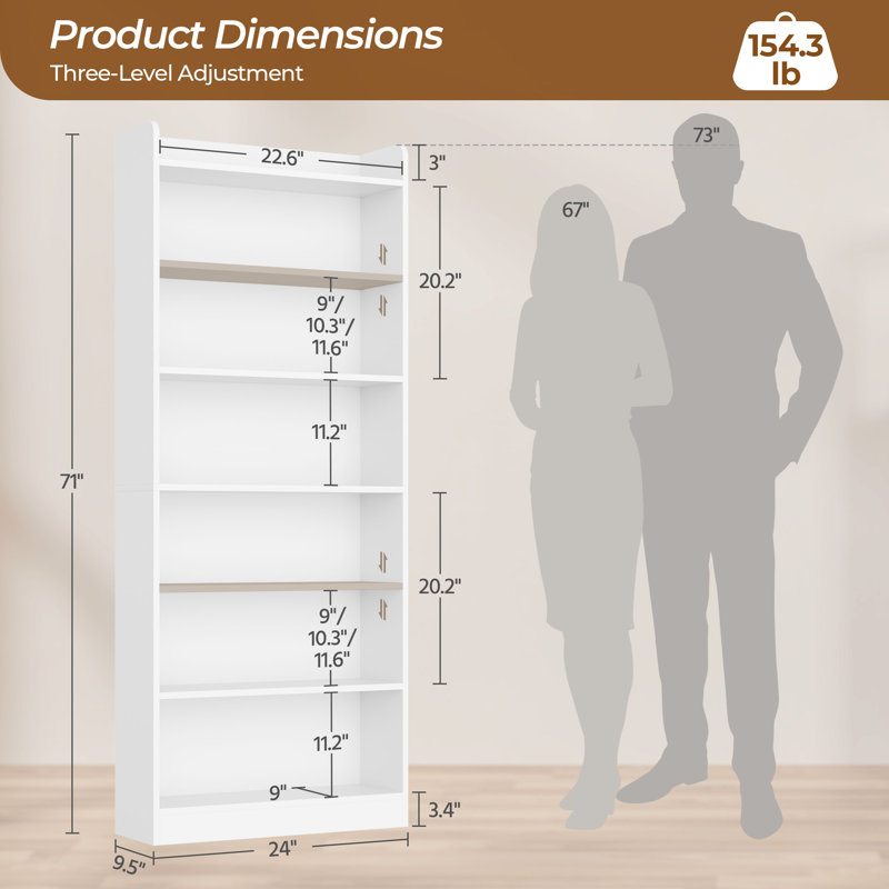 71"H X 24"W 7-Tier Modern Simple  Bookcase with Top Open Compartment, White, (7 Shelves) 71" H x 24" W x 9.5" D