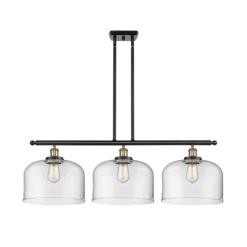 Luminaire suspendu linéaire à 3 lumières pour îlot de cuisine Lattimer, DEL, Transparent, Laiton antique noir